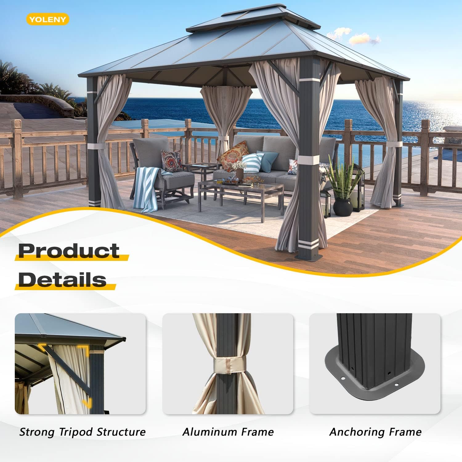 YOLENY 10' x 12' Hardtop Gazebo, Permanent Outdoor Aluminum Patio Gazebo with Aluminum Composite Double Roof for Patio Lawn and Garden, Curtains and Netting Included