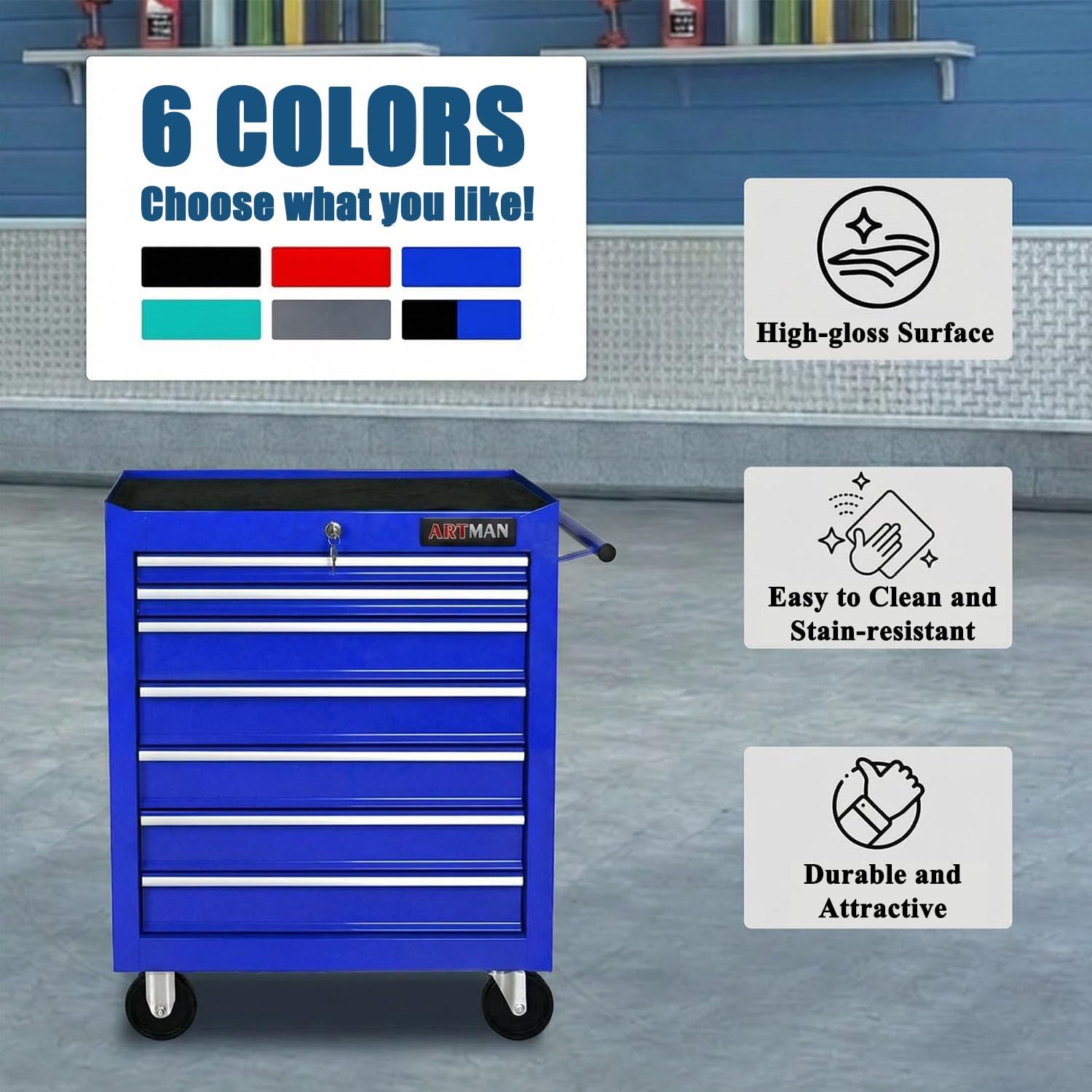 7 Drawers Tool Cart on Wheels, Multifunctional Rolling Tool Chest Tool Storage, Drawers Rolling Tool Trolley Organizer Tool Case for Garage,Warehouse,Workshop,Repair Shop (7 Drawers-Blue)