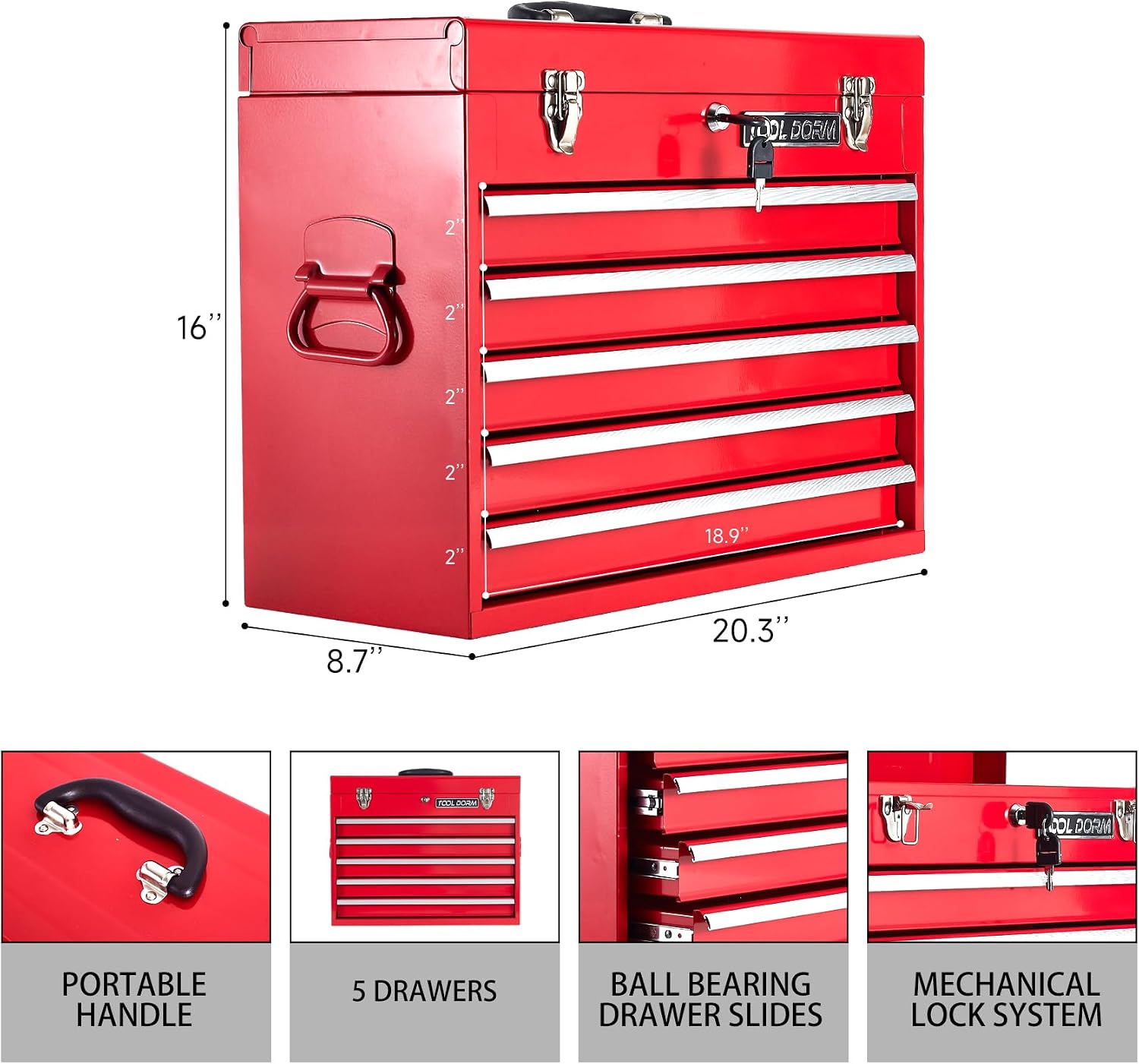 Metal Tool Box with 5 Drawers Portable Steel Tool Chest with Metal Cylinder Lock and Latch Closure, Liner, Red Powder coating, suitable for Garage, Warehouse and Outdoor Repair job