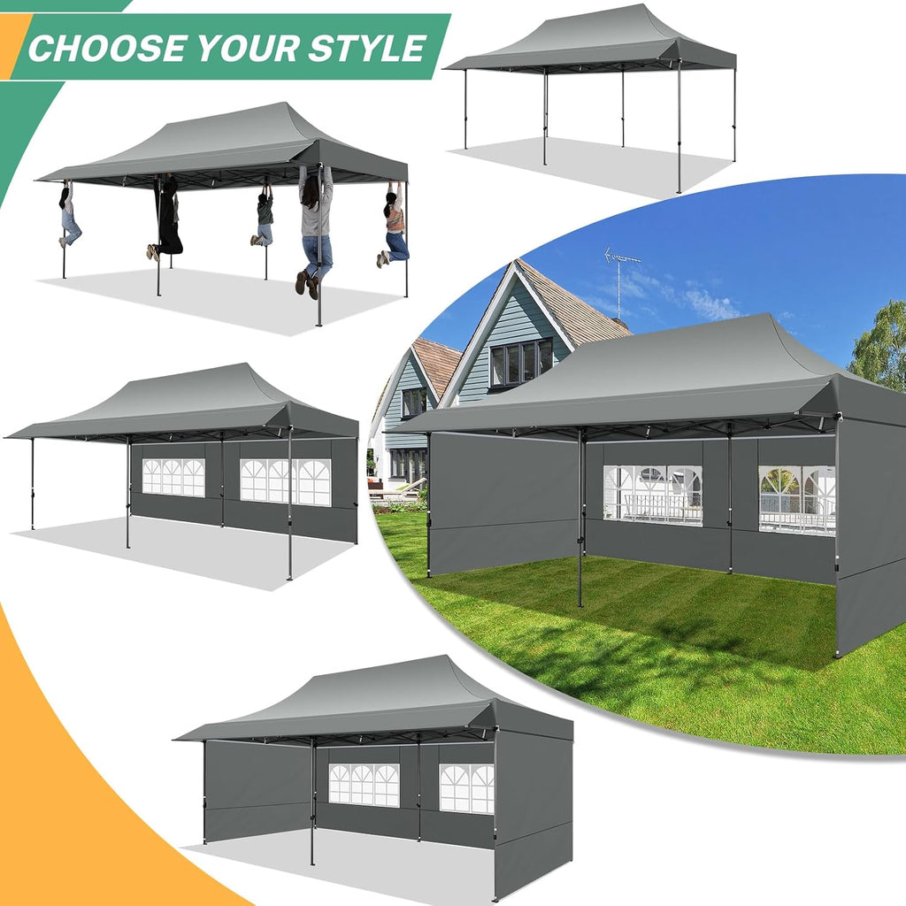 COBIZI 10x20 Pop Up Canopy Tent with Awning & Sidewalls, Heavy Duty Commercial 10X20 Canopy Tents Instant Waterproof, UPF 50+ Sun Shade for Outdoor, Parties, Markets (Gray)