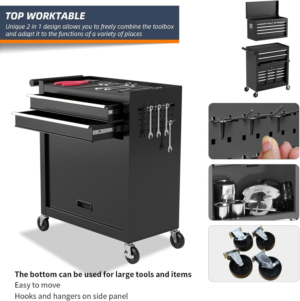 8-Drawer High Capacity Rolling Tool Box, Removable Cabinet Storage Tool Chest with Wheels and Drawers, Detachable Toolbox with Lock for Mechanics Garage Workshop and Tool Room (Black)