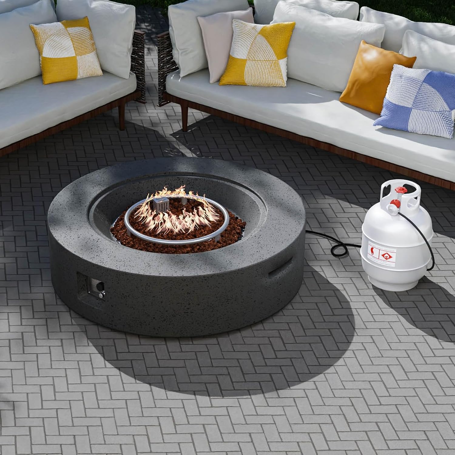 SUNBURY Outdoor Travertine Fire Pit Table, 42 inches Round Propane Gas Patio Fire Pit 50,000 BTU Concrete, Circular Base Firepit with Lava Rocks, Waterproof Cover (Grey)