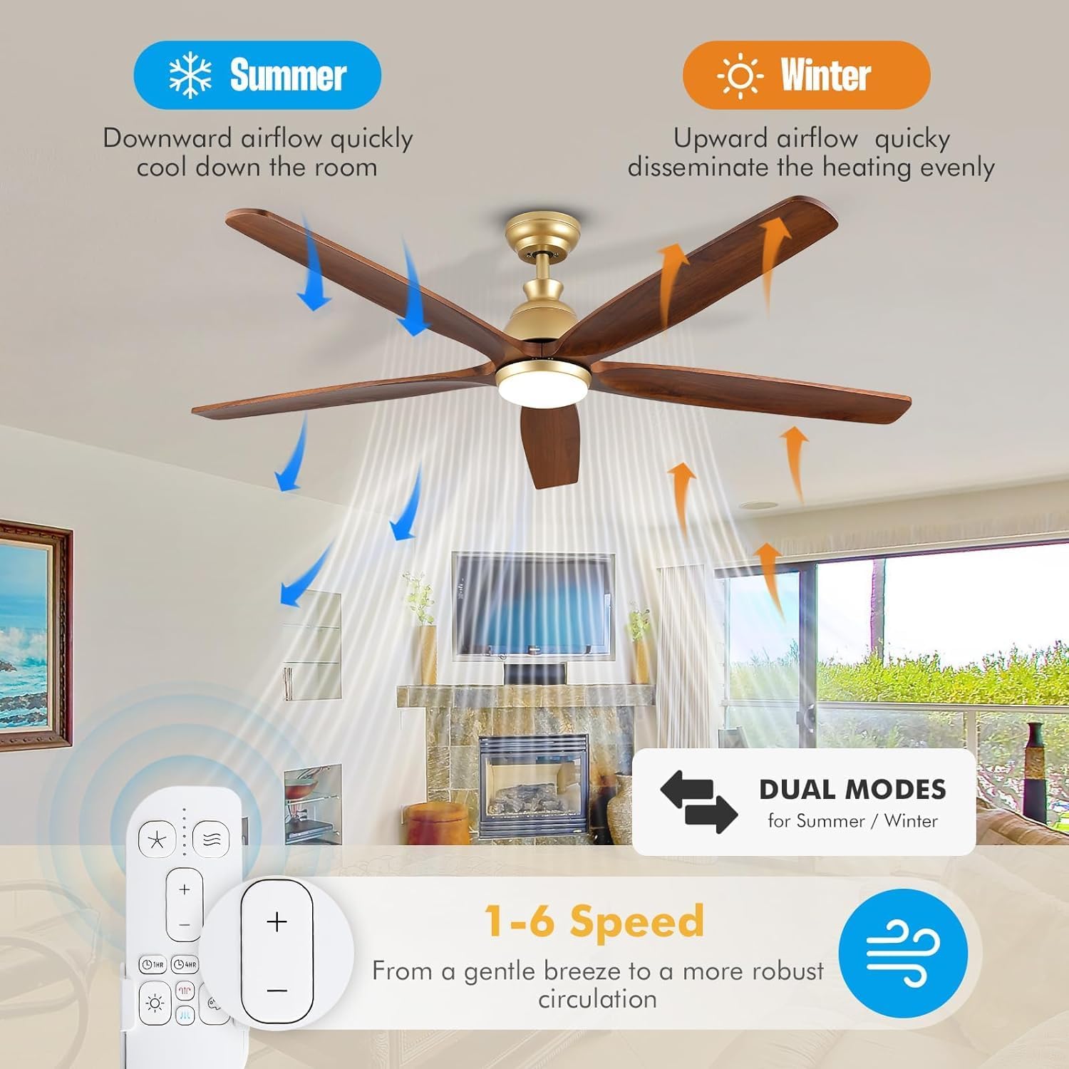 52 Inch Gold Ceiling Fan with Light, Rustic Wood Ceiling Fans with Lights Remote Control Reversible Quiet DC Motor, Indoor Exterior Ceiling Fan for Patios Porch Gazebo Living Room, Dimmable, 3CCT