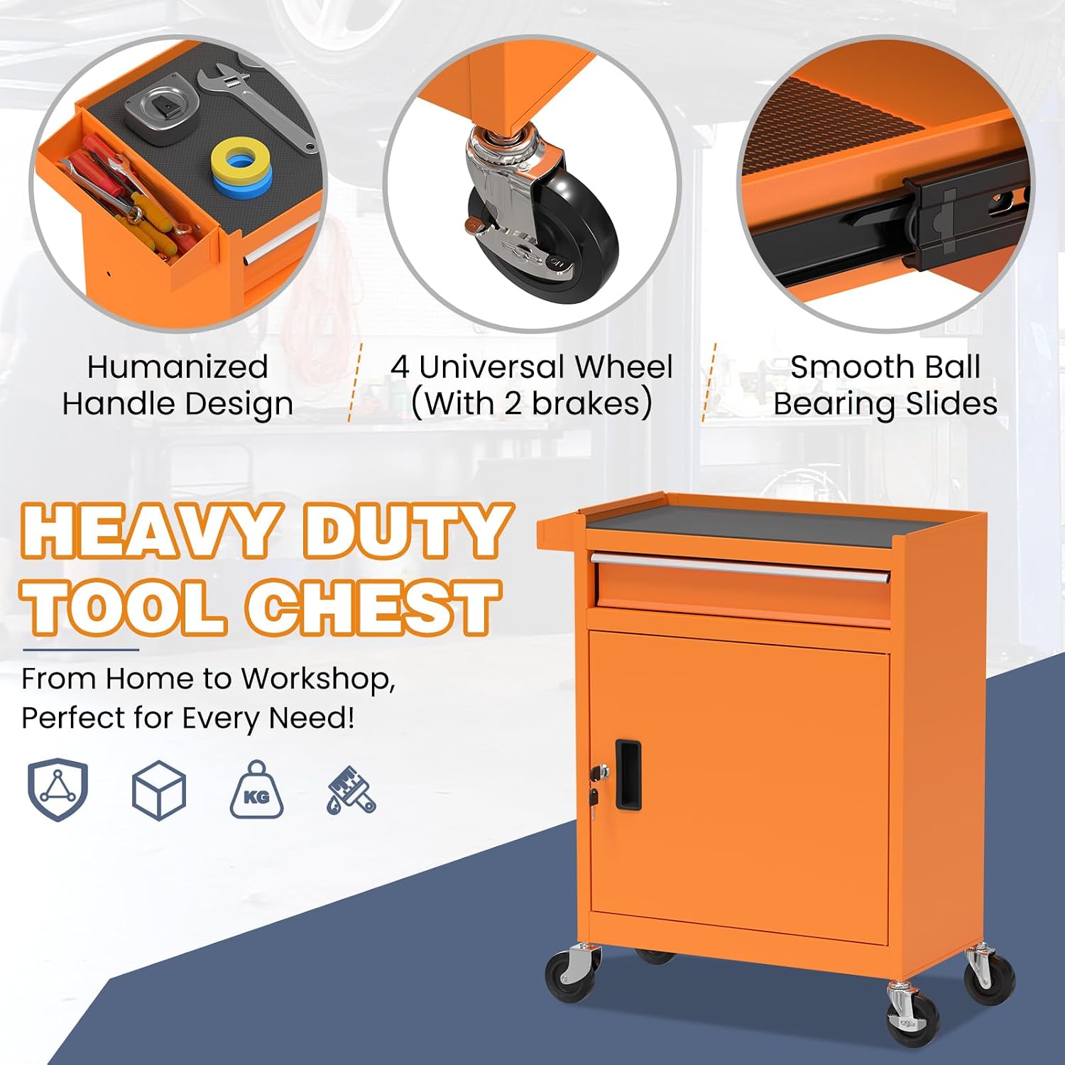 Tool Chest, 5-Drawer Rolling Tool Chest with Detachable Top Box, Tool Box with Wheels, Tool Storage Cabinet for Warehouse, Garage, Workshop Orange