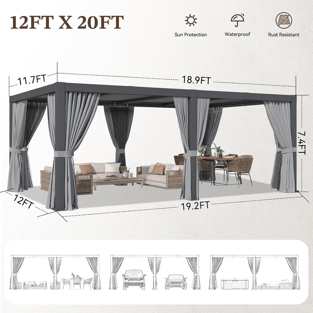 Louvered Pergola 12ft x 20ft Outdoor Aluminum Pergola with Adjustable Top for Decks, Gardens and Backyards, Gray