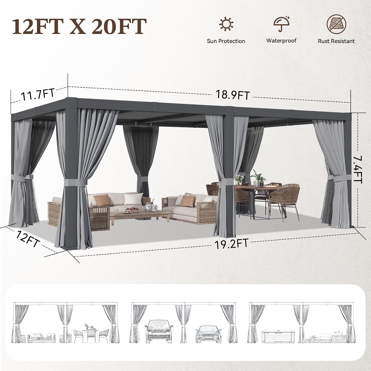 Louvered Pergola 12ft x 20ft Outdoor Aluminum Pergola with Adjustable Top for Decks, Gardens and Backyards, Gray
