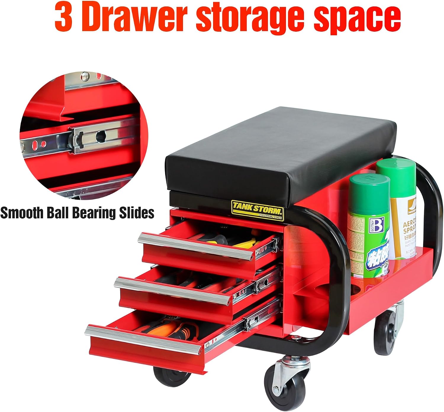 Tool Box Built-in Creeper Seat, Garage Shop Roller Seat, 3 Drawers Heavy Duty Tool Chest with 4 Rolling Casters-350 Lbs Capacity