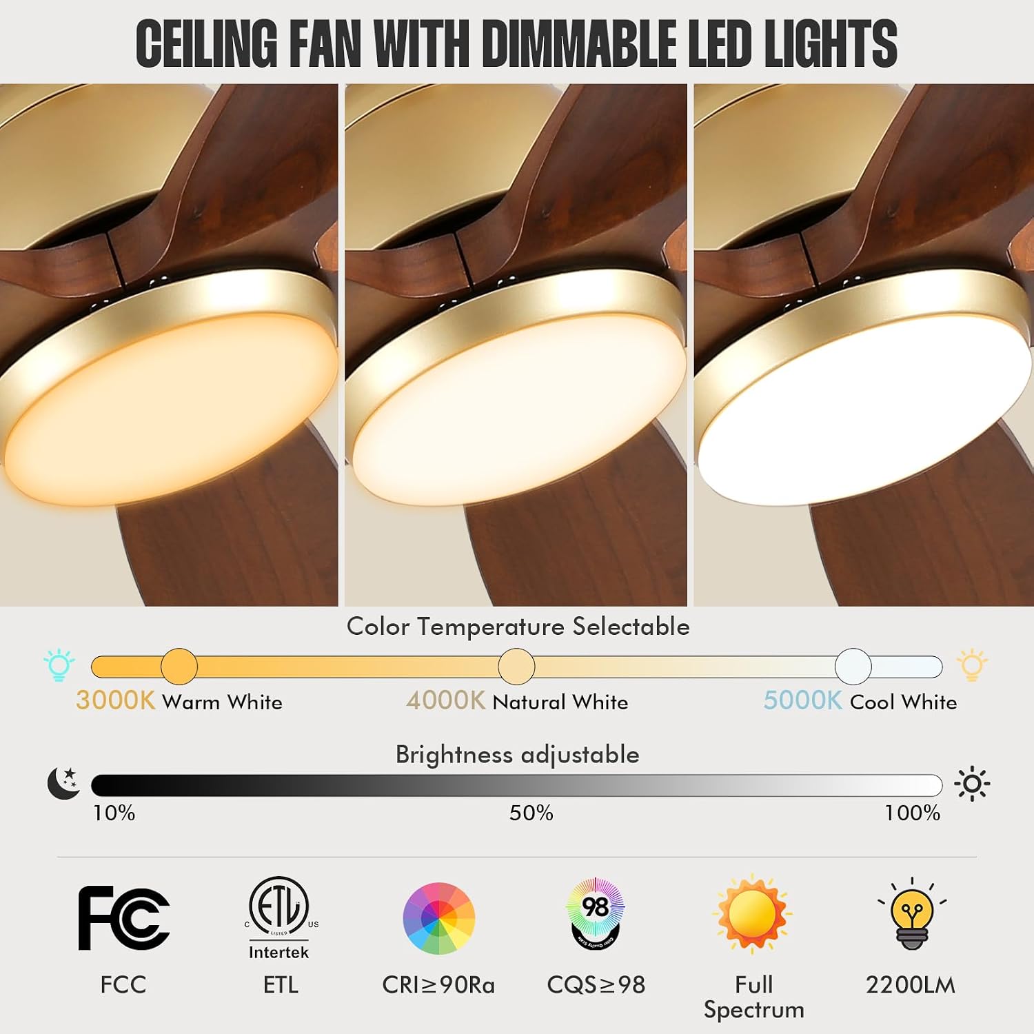 52 Inch Gold Ceiling Fans with Lights and Remote, 5 Blade Natural Solid Wood Ceiling Fan with Light Quiet DC Motor Fan, Farmhouse Ceiling Fans for Outdoor Patios Porch Gazebo Bedroom