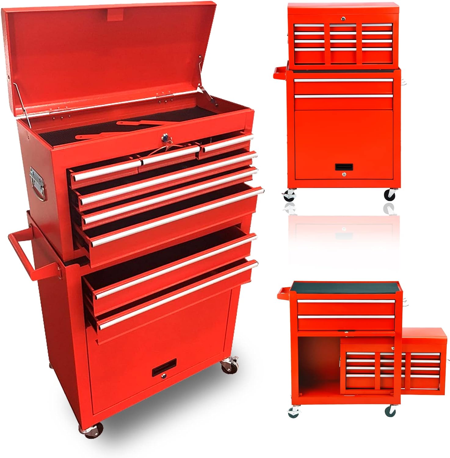 8-Drawer High Capacity Rolling Tool Chest, Removable Cabinet Storage Tool Box with Wheels and Drawers, Detachable Toolbox with Lock for Workshop Mechanics Garage