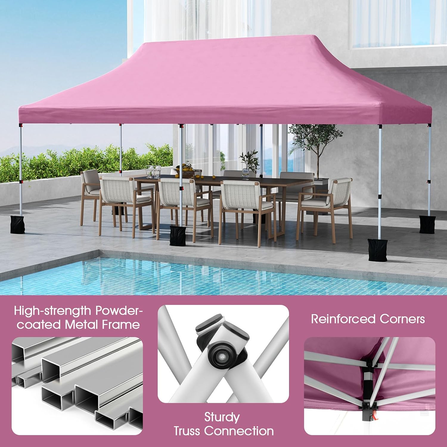Tangkula 10x20 Ft Pop Up Canopy, Instant Setup Tent with 6 Sandbags, 12 Stakes & 6 Ropes, UPF 50+ Portable Outdoor Canopy Tent with Carrying Bag for Camp, Beach, Patio (Pink)