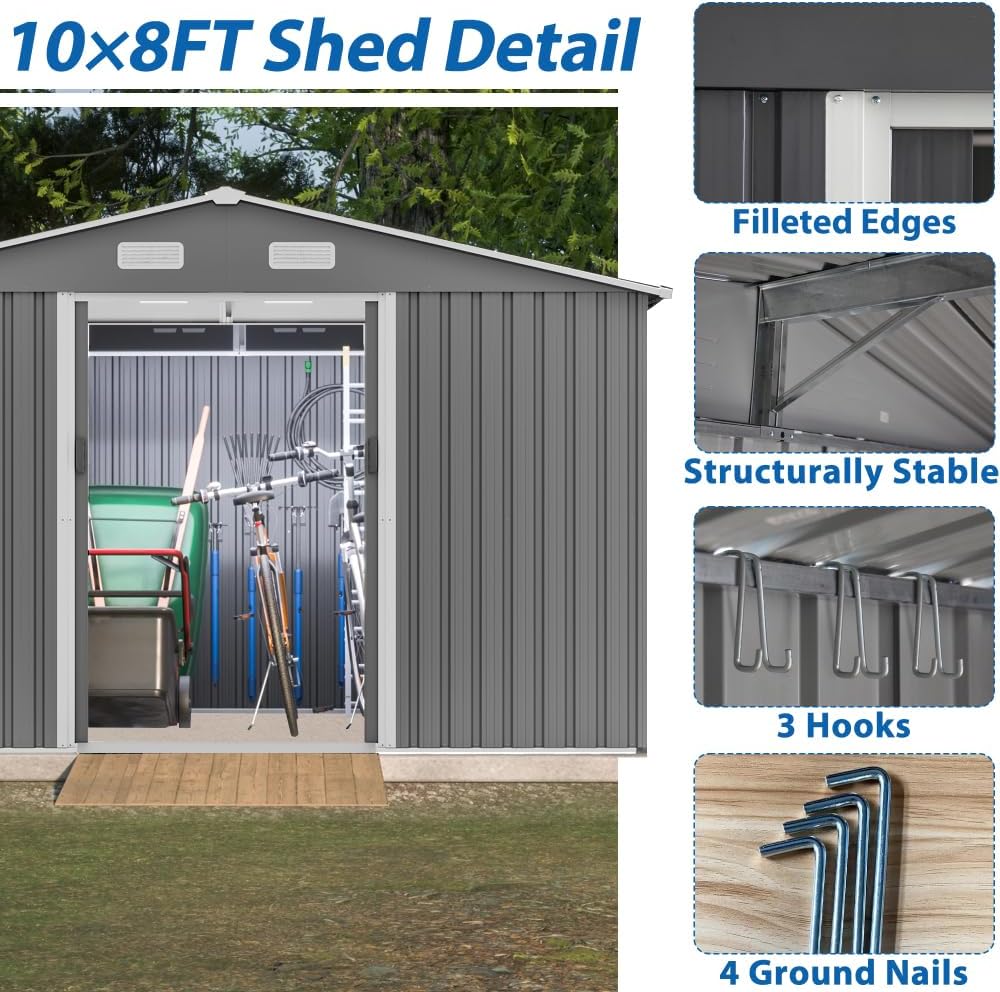 Large Outdoor Storage Shed 10x12 FT, Heavy-Duty Metal Garden Tool Organizer with Lockable Doors and Weather-Resistant Roof for Backyard (10x8 ft Grey-1)