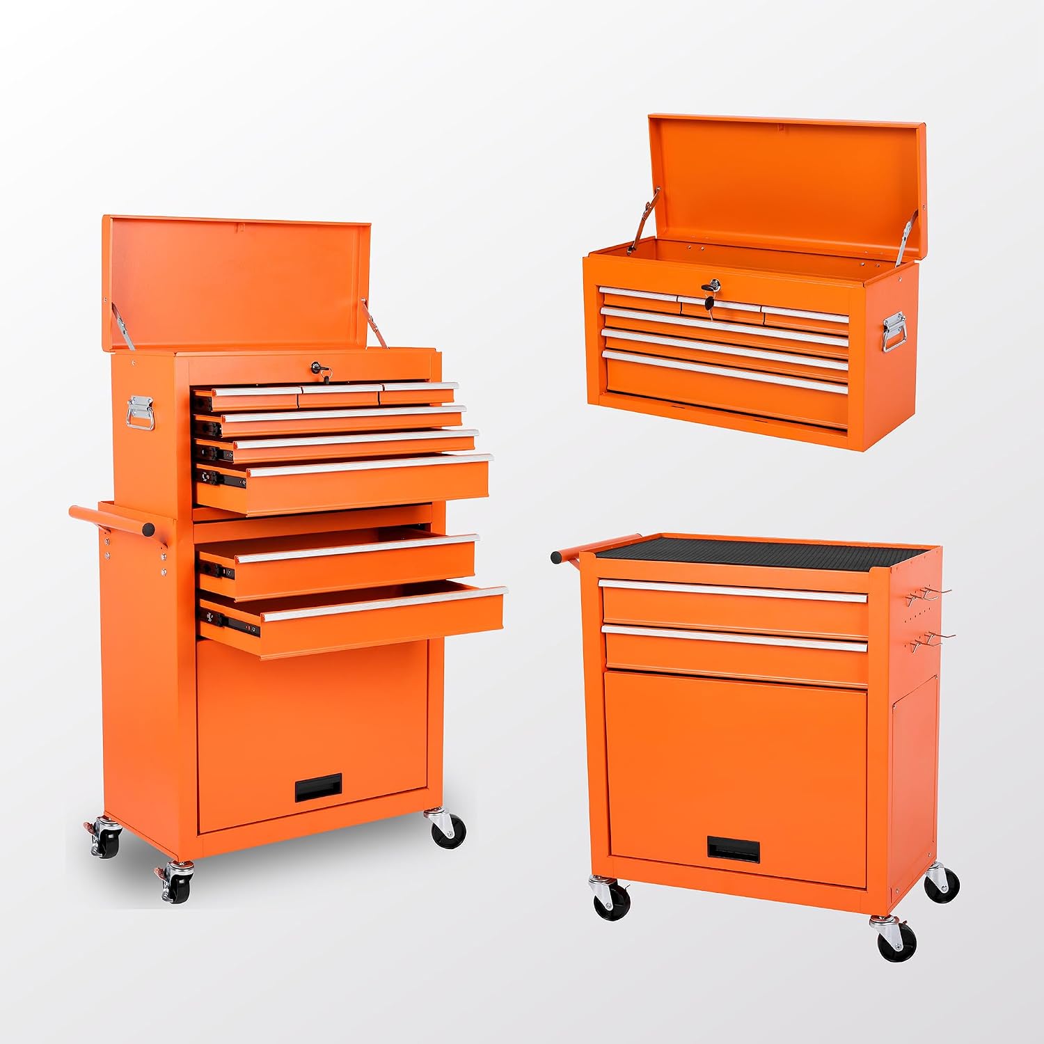 8 Drawers Tool Chest on Wheels with 1 Cabinet, Detachable Portable Top Box, Multifunctional Lock Rolling Tool Storage Case Organizer Set, Tool Cart with Side Hooks for Garage & Workshop
