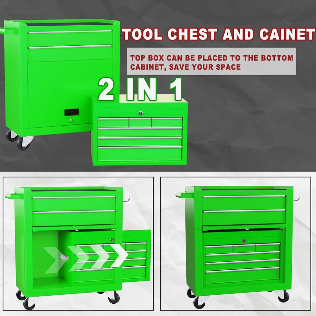 Dawmilon 8-Drawer Rolling Tool Chest, 2-in-1 Detachable Tool Box Cabinet with Wheels, Lockable Metal Tool Storage with Liners for Garage Workshop, Green