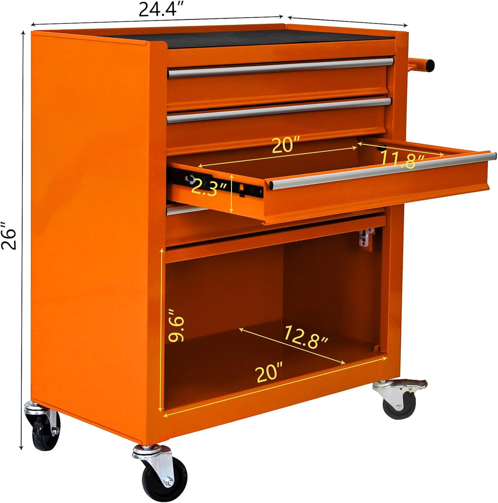 4 Drawers Rolling Tool Chest Cart. Tool Storage Cabinet with 4 Wheels.Tool Cabinet Trolley with Locking System and Drawer Liners.Tool Storage Cart for Garage,Workshop.Toolbox Cart-Orange Plus