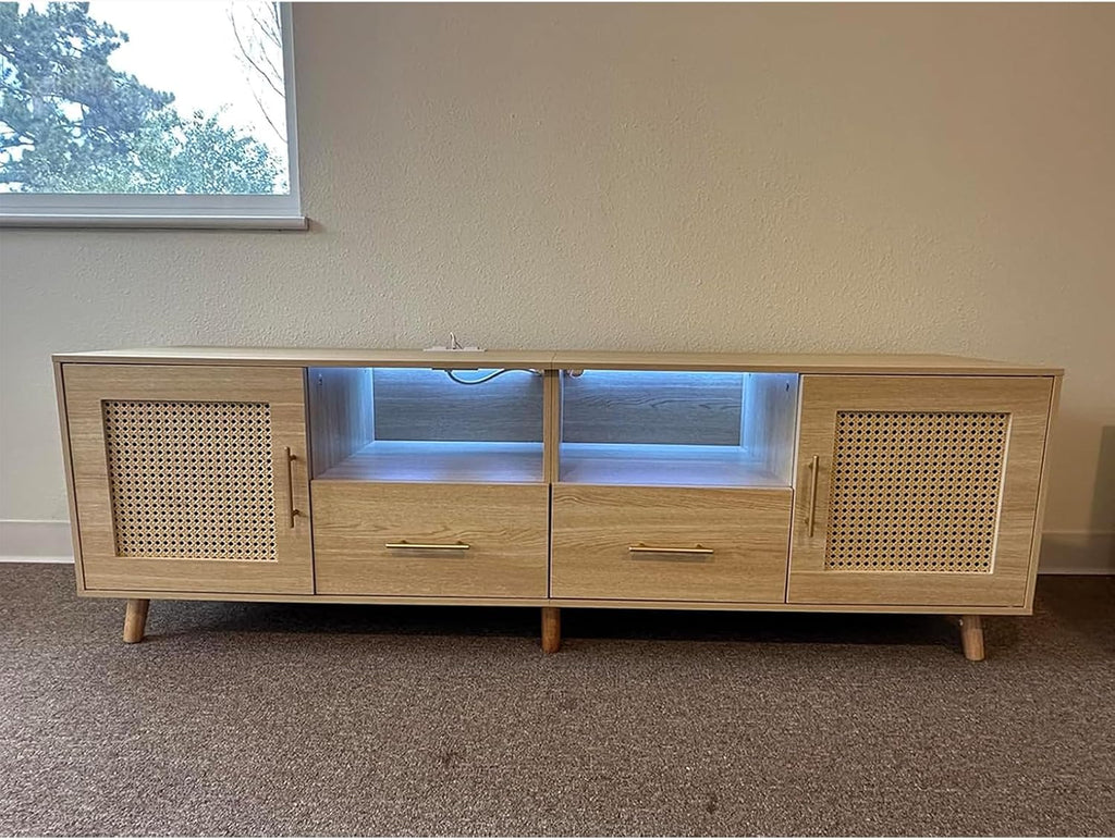Rattan TV Stand for 70 Inch TV, 63' Modern Entertainment Center with LED Light, Outlet, Storage Shelves, 2 Drawers and Cabinets, Rattan Door, Boho TV Stand with Outlet for Living Room, Wood