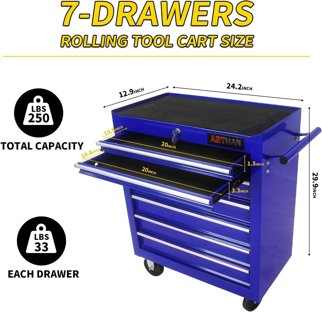 7-Drawer Rolling Tool Cart with Locking Drawers, Blue Metal Storage Cabinet, Mobile Tool Chest Organizer for Garage, Warehouse, Repair Shop, Workshop