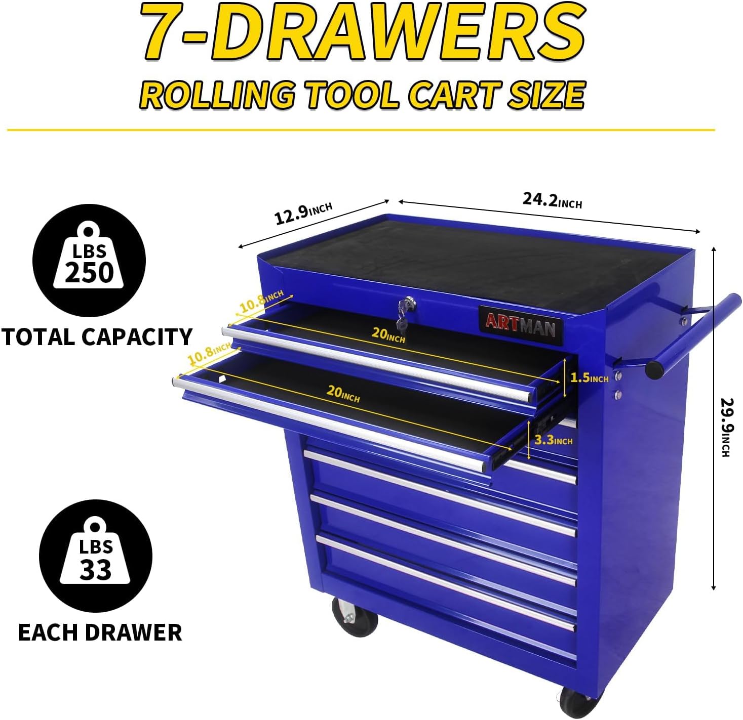 7-Drawer Rolling Tool Cart with Locking Drawers, Blue Metal Storage Cabinet, Mobile Tool Chest Organizer for Garage, Warehouse, Repair Shop, Workshop