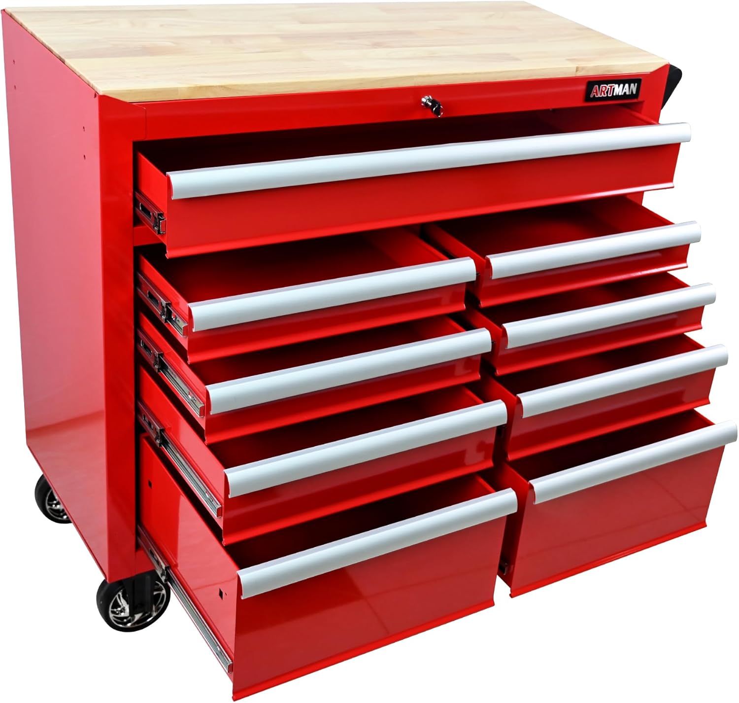 Heavy Duty Rolling Tool Chest with 9-Drawer Wood Top Tool Cart Mechanic Tool Box with Wheels Tool Storage Cabinet Mobile Workbench Tool Bench for Garage, Warehouse, Workshop, Repair Shop (Red)