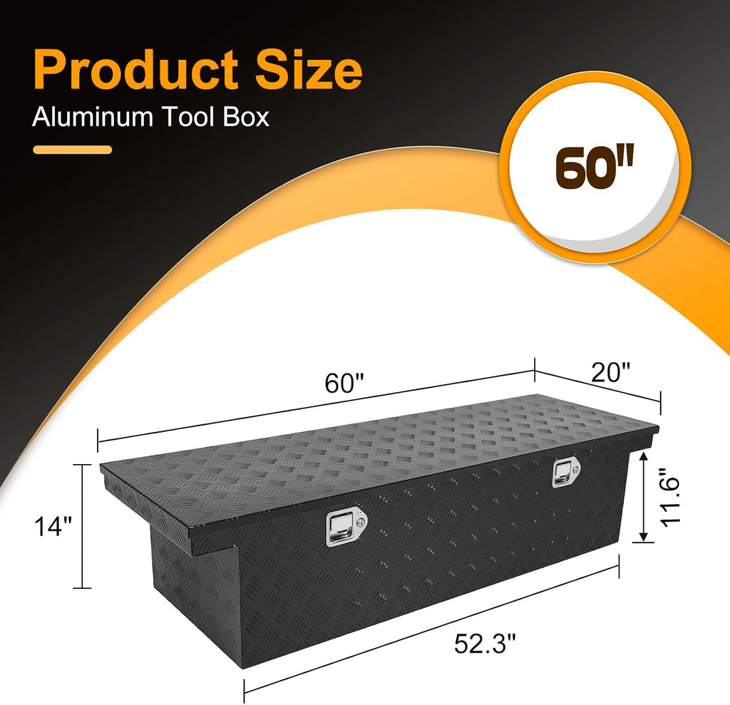 Crossover Tool Box Deep 14' H x 20' D x 60' L Waterproof Lockable Aluminum Black Truck Storage Box Compatible with Chevy Colorado,Ford Ranger,GMC Canyon（For Mid-Size Trucks