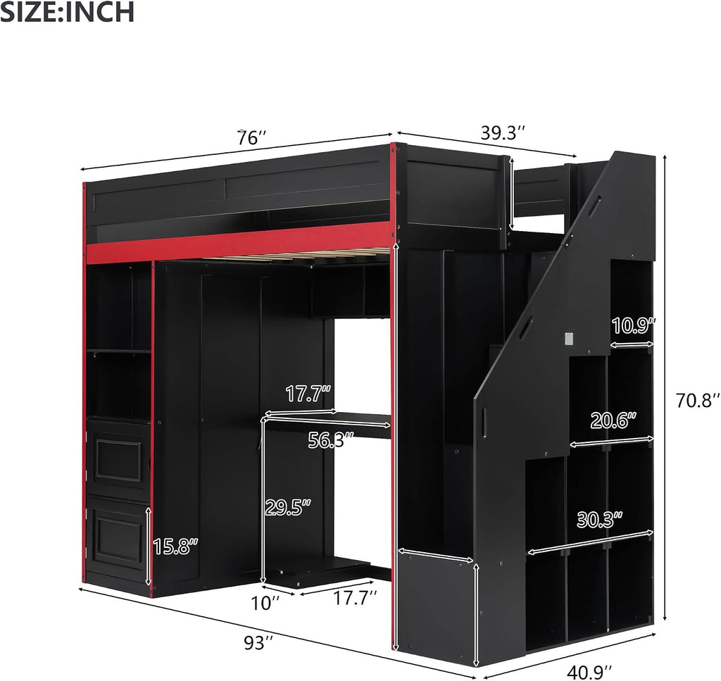 SOFTSEA Twin Size Gaming Loft Bed with Desk, Storage Stairs, LED Lights, Bookshelves & Wardrobe, Multifunctional Loft Bed for Kids Bedroom, No Box Spring Needed, Black Red