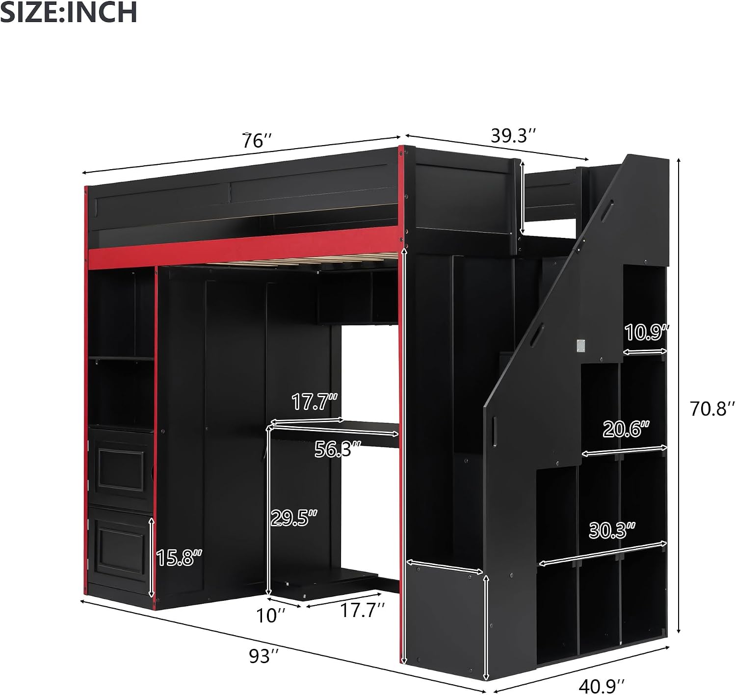 SOFTSEA Twin Size Gaming Loft Bed with Desk, Storage Stairs, LED Lights, Bookshelves & Wardrobe, Multifunctional Loft Bed for Kids Bedroom, No Box Spring Needed, Black Red