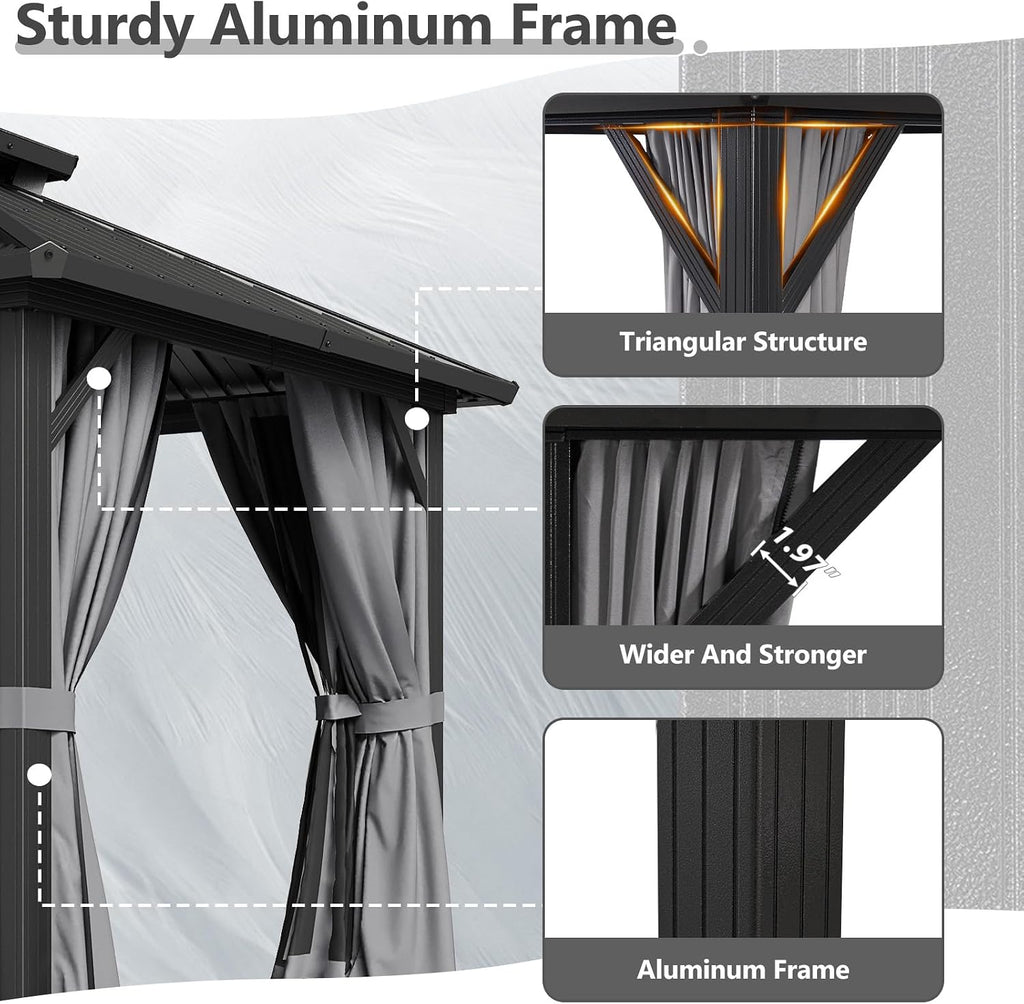 Aoxun 10Ft X 10Ft Hardtop Gazebo, Aluminum Metal Outdoor Gazebo with Breathable Netting and Curtains, Galvanized Steel Double Top, Permanent Patio Pavilion for Backyard, Wedding, Party
