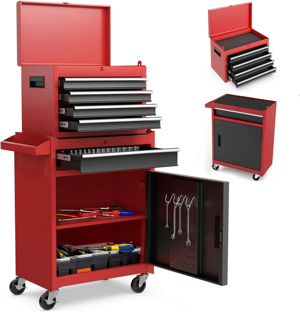 Tool Chest, 5-Drawer Rolling Tool Storage Cabinet with Detachable Top Tool Box, Liner, Universal Lockable Wheels, Adjustable Shelf, Locking Mechanism, Metal Tool Cart for Garage Workshop(red)
