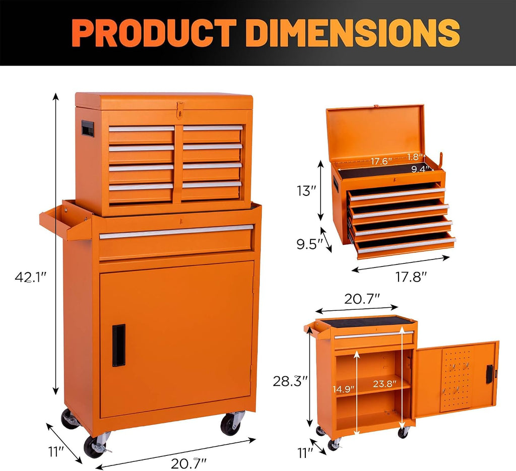 5 Drawers Metal Tool Cart on Wheels with 1 Cabinet, Multifunctional Rolling Tool Storage Cabinet Organizer Set w/Removable Top Tool Box for Garage,Warehouse,Workshop,Repair Shop (Orange)