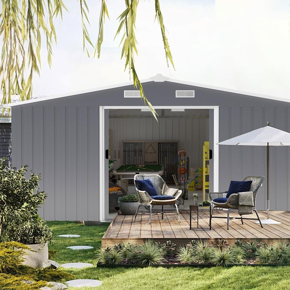 10x12 FT Outdoor Storage Shed, Extra Large Metal Garden Shed with Lockable Doors, Windows & Air Vents, Heavy-Duty Steel Backyard Utility Shed for Tools, Lawn Equipment, Motorcycles, Bikes, Patio,Gray