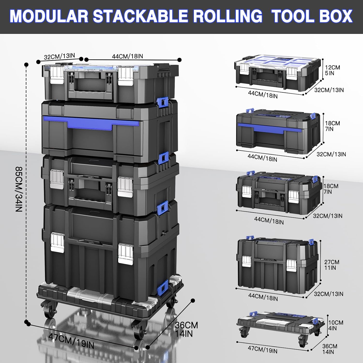 4 Tier Stackable Rolling Tool Box with Wheels | Modular Tool Organizer Box Storage System | Portable Tool Box with Drawers | Tough and Durable | For Garage Storage | Home Repairs | Professional Work