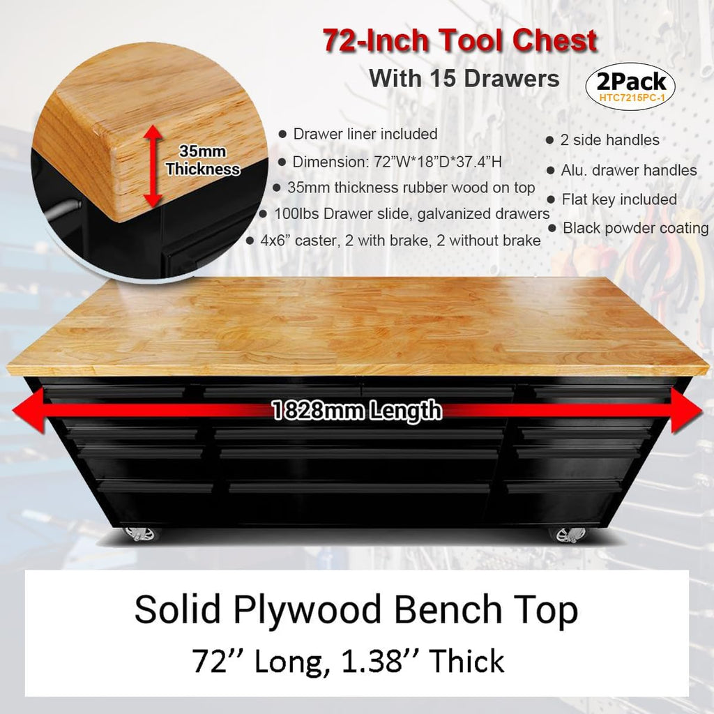 2 Pack - 72' Stainless Steel Rolling Tool Chest with 15 Drawers, Lockable Storage Cabinet, Black Mobile Workbench, Assembled Black Large Tool Box with Wheels for Garage Workshop (2 × HTC7215PC-1)