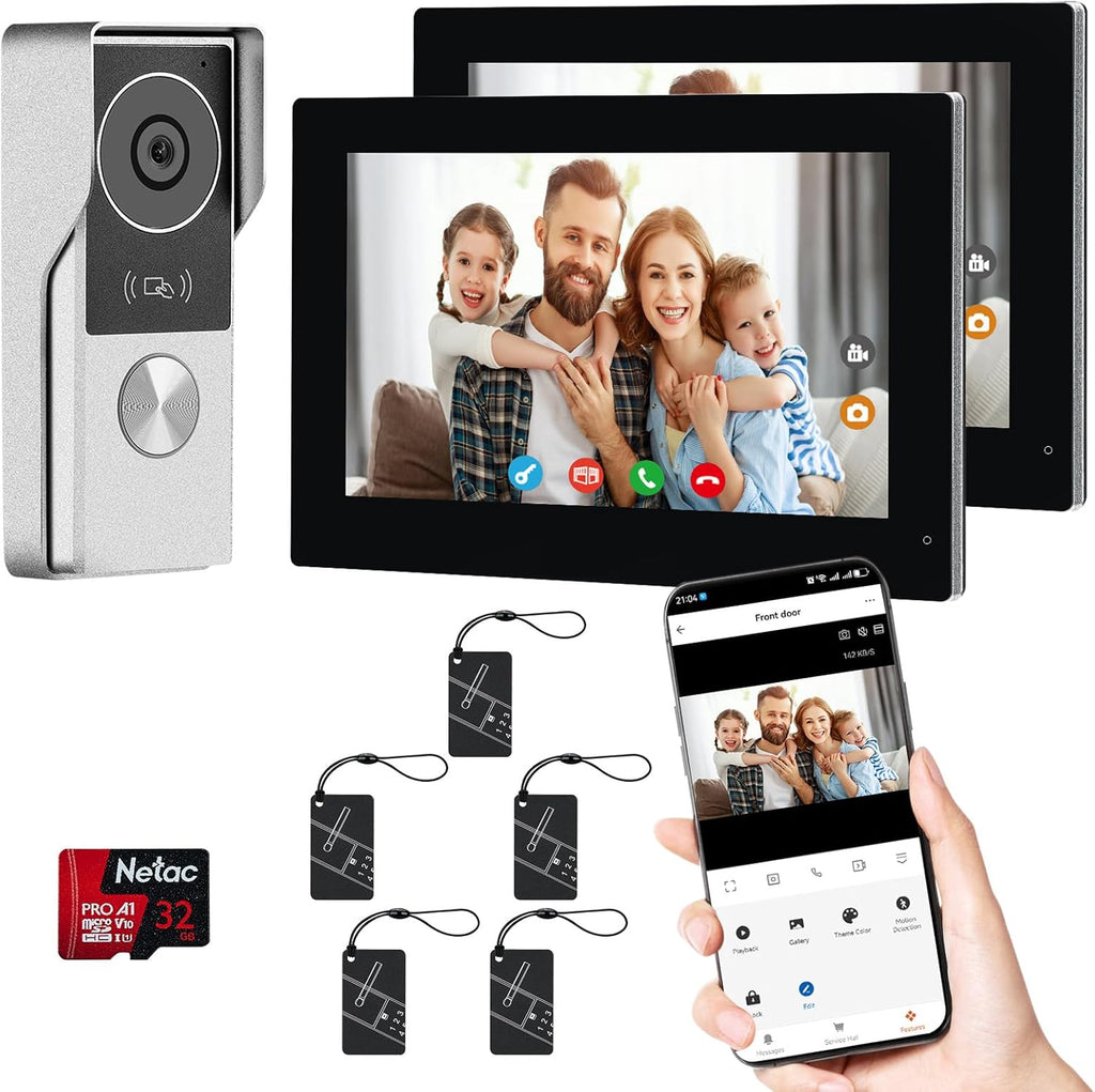 2-Wired Video Intercom System with Dual 7'' Touch Screen, 1080P HD Camera & 130° Wide Angle, Two-Way Calling Between Screens, Tuya APP Remote Control, Waterproof, for Villa Apartment
