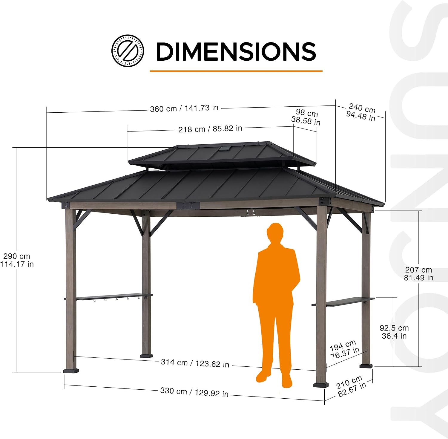 Sunjoy Wooden Grill Gazebo, 8 x 12 ft. Steel Hardtop Gazebo with Solar Power for Year-Round Grilling - 2 Full Size Grills, Griddles or Smokers - Outdoor Cooking Shelter for Backyard BBQs Party, Black