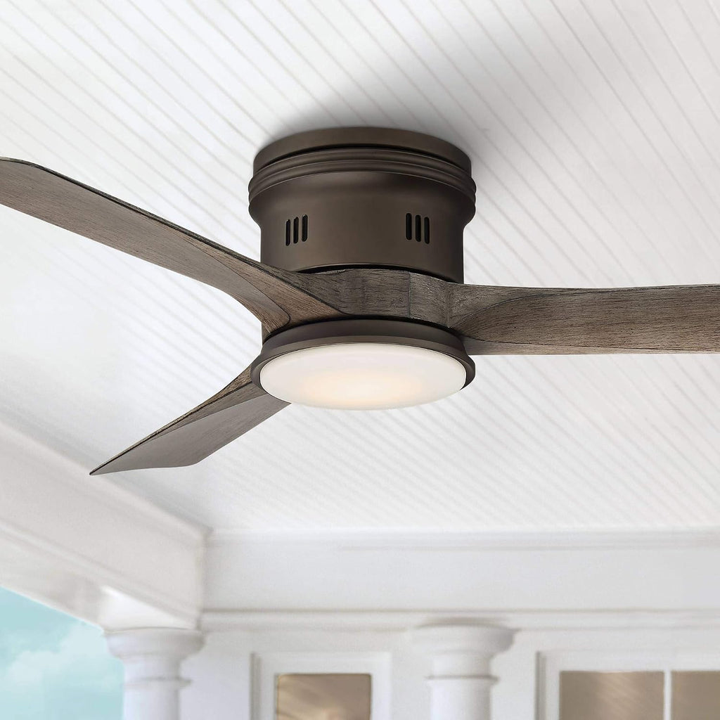 Casa Vieja 54' Salerno Modern Industrial Hugger Low Profile 3 Blade Indoor Outdoor Ceiling Fan with Light LED Remote Bronze Wood Opal Glass Damp Rated for Cottage Core Patio Exterior House Porch