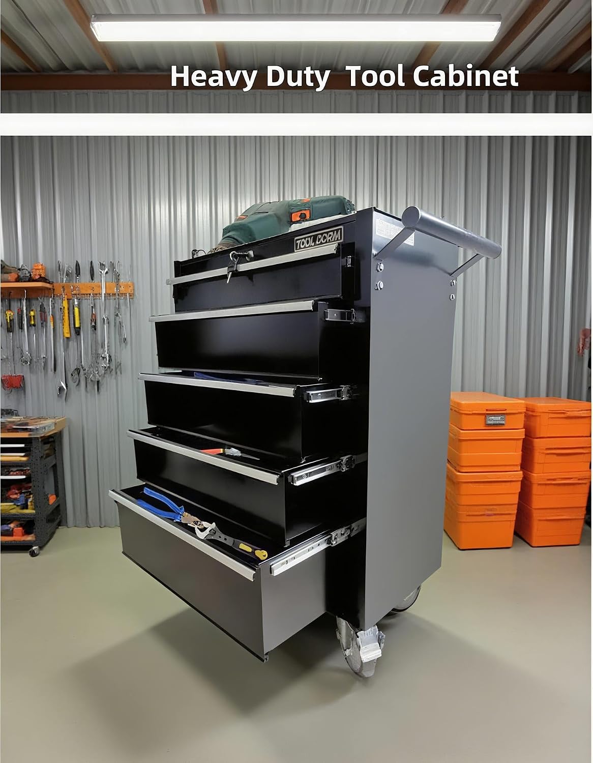 Tool Cabinet Tool Cart 24.2inch with 5 Drawers and Wheels, Metal Rolling Tool Box Locked Drawers Storage Organizer Cabinet with Black Color for Garage, Warehouse, Repair Shop, Workshop
