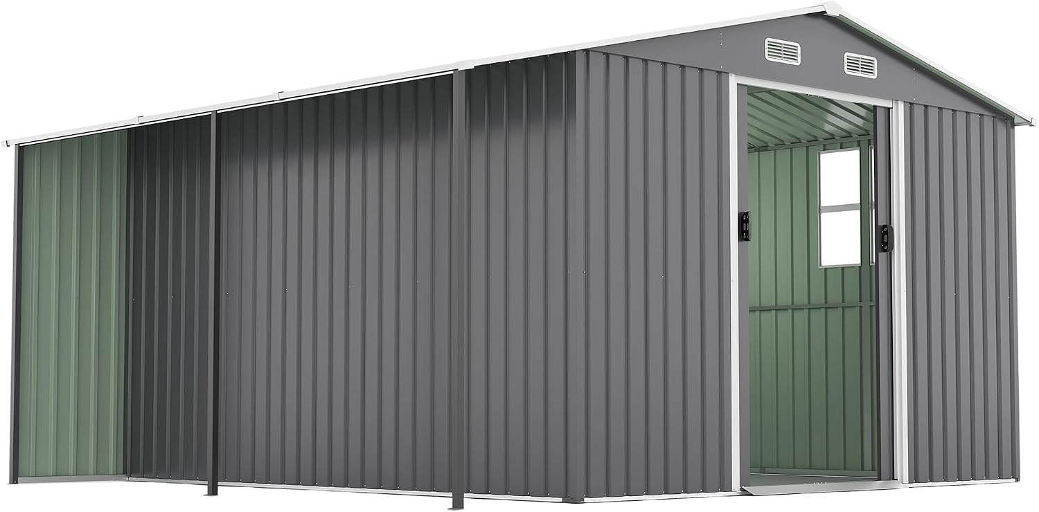 【LuckyNote】 10x12 Ft Outdoor Storage Shed, Extra Large Metal Shed with Lockable Doors, Windows, Outside Steel Tiny House Ideal for Garden, Backyard, Patio Utility, Tool Storage，3 Separate parcels