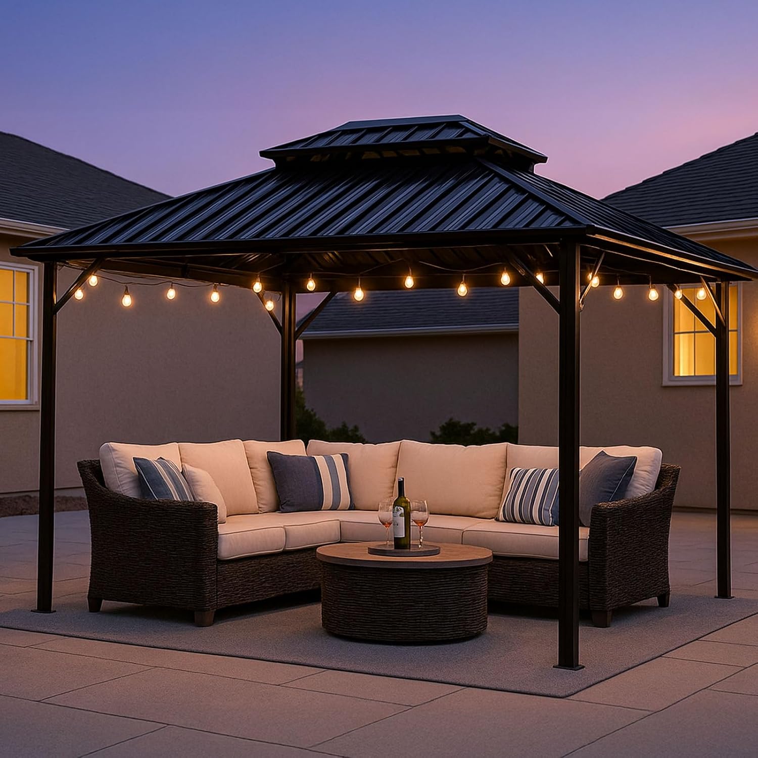 10x10 Hardtop Aluminum Gazebo, Outdoor Metal Gazebo with Netting & Curtains - Heavy Duty Iron Roof for Patios, Waterproof & Snow Load Resistant (Double Hardtop No Curtain & Netting)