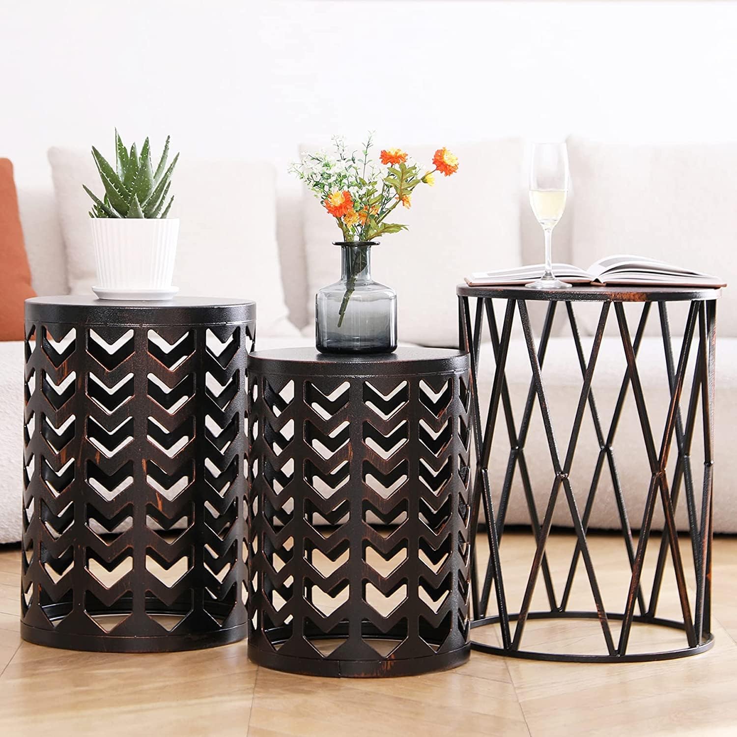 Y&M Set of 3 Heavy-Duty Round End Table, Side Table, Coffee Table for Indoor Multifunctional Use, Outdoor Decorative Garden Stool Plant Stand-Retro Black with Bronze (Ship from US)