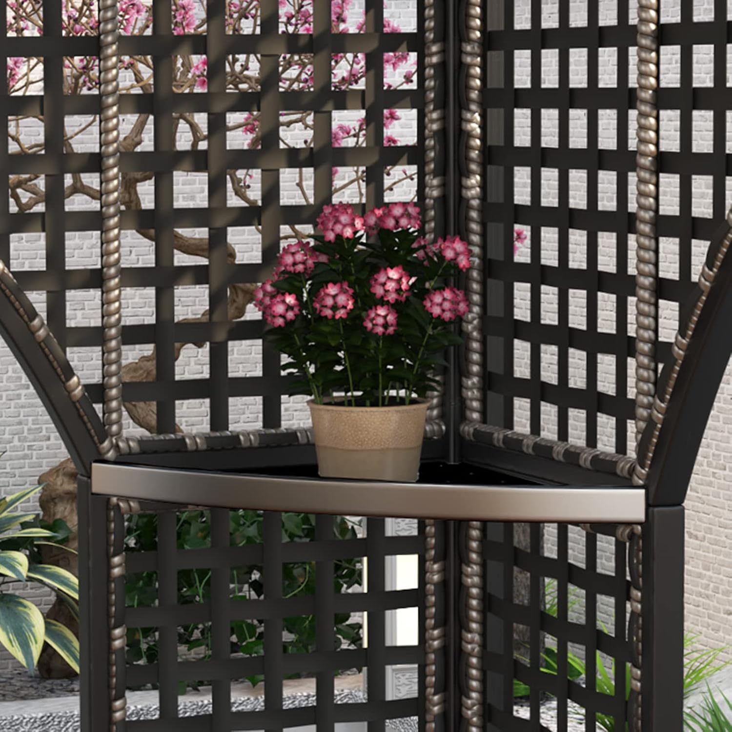 MARURY Modern Chinese Style Gazebo, Hardtop Pavilion, Brown, Polyester & Wrought Iron, Triangular, Freestanding Shelter, Easy Assembly, Water Resistant
