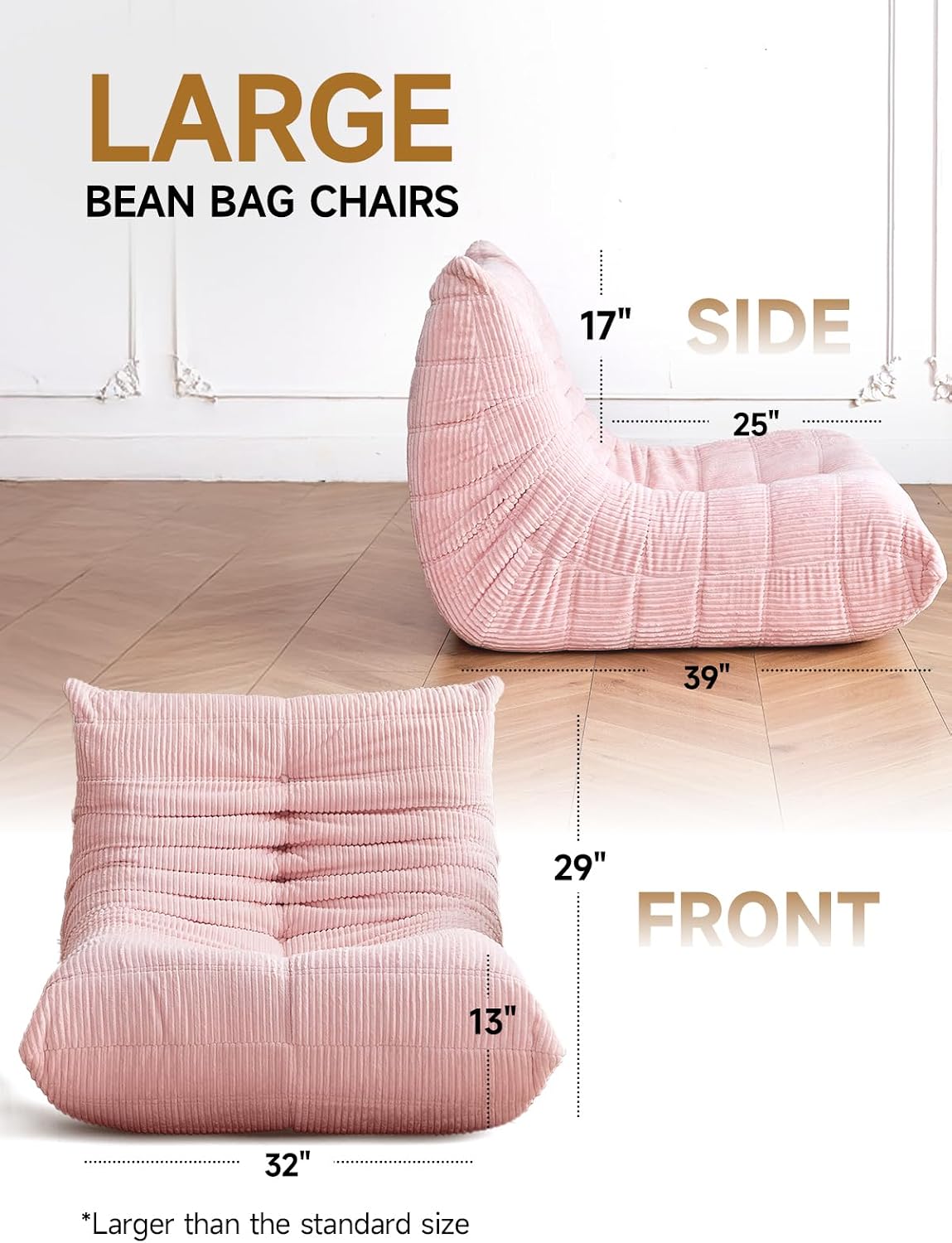 ZCUBED Large Bean Bag Chairs for Adults, Memory Foam Lounge Chair, Soft Corduroy Big Bean Bag Chair Lazy Sofa, Comfy Floor Beanbag Chair Single Sofa for Bedroom Living Room Fireside Book Nook, Pink
