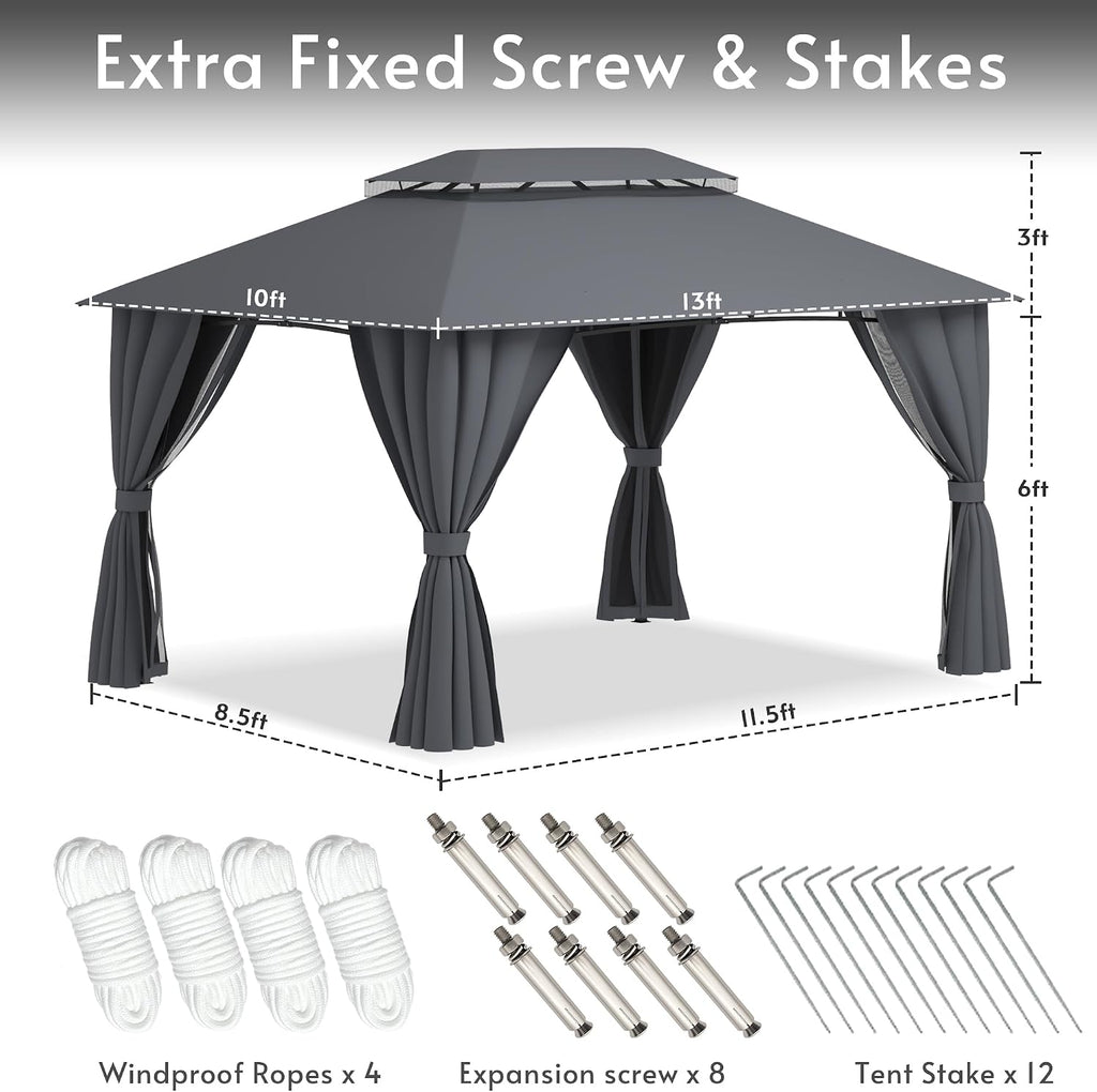 Gazebo 10x13 with Mosquito Netting & Privacy Screens. Double Roof Design Outdoor Gazebo with Powder-Coated Metal Frame for Patio, Deck, Backyard, Garden & Lawns(Dark Gray)