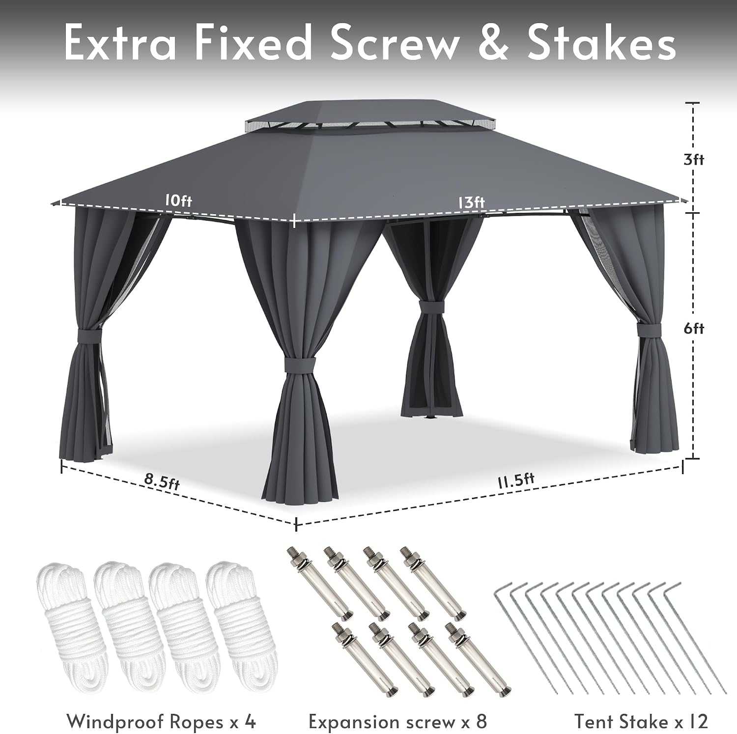 Gazebo 10x13 with Mosquito Netting & Privacy Screens. Double Roof Design Outdoor Gazebo with Powder-Coated Metal Frame for Patio, Deck, Backyard, Garden & Lawns(Dark Gray)