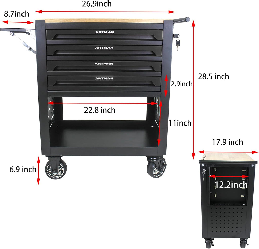 Campfun 4 Drawers Tool Box with Wheels, Rolling Tool Chest Rolling Tool Cart with Drawers, Multifunction Tool Box for Mechanic Tool Cart, Tool Box Organizers and Storage for Garage, Black