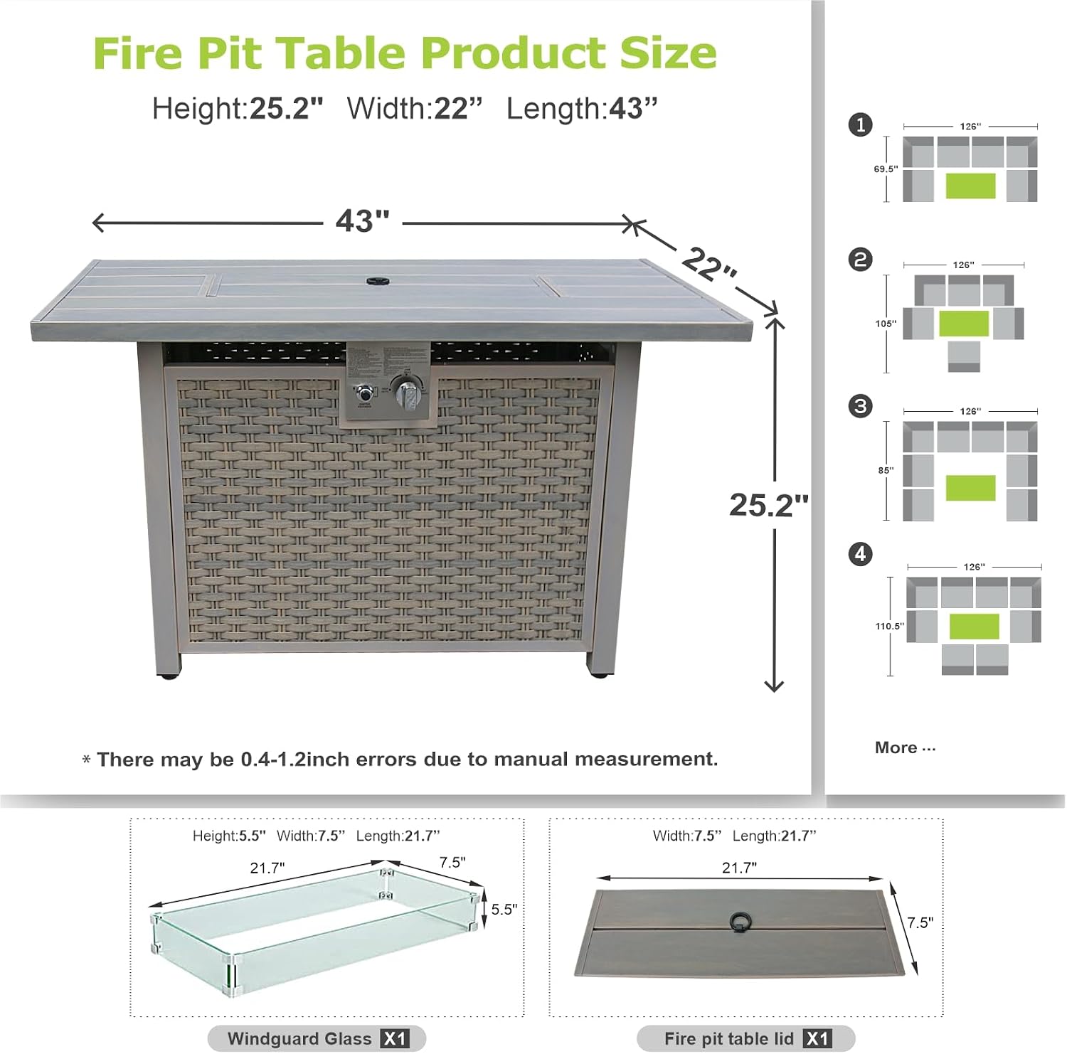 Dineli 43-Inch Rectangular Propane Fire Pit Firepits for Outside Patio Fire Pit Table, Gas Fire Pits with Adjustable Feet, Tabletop Fire Pits for Backyard Deck Balcony, 50,000 BTU, Light Brown