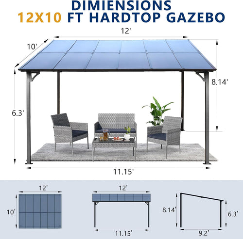 10' x 14' Premium Wall-Mounted Gazebo with Aluminum & Metal Frame & Polycarbonate Roof, Heavy Duty Outdoor Lean-to Pergola Awning for Patio, Backyard and Deck
