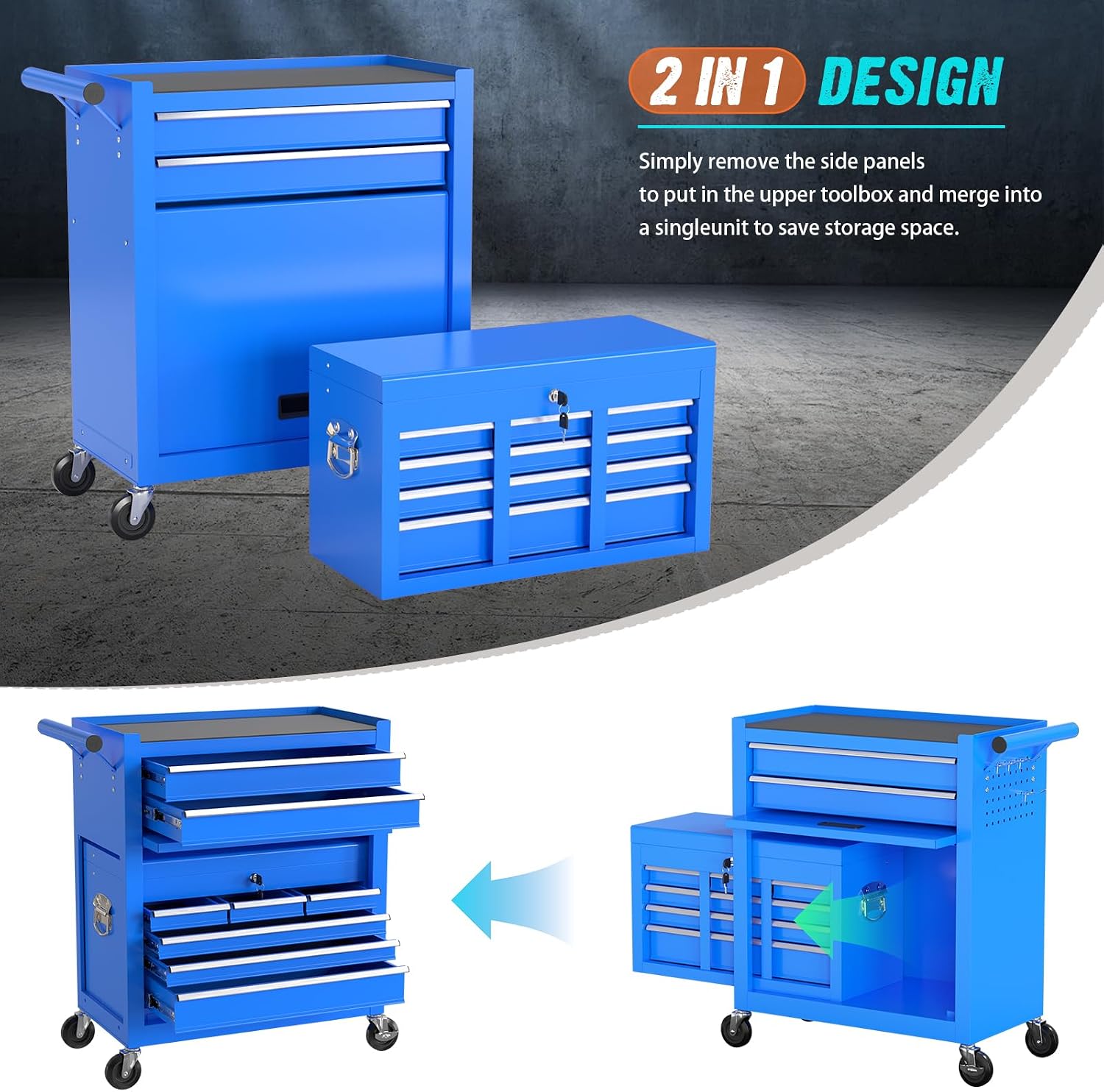 8-Drawer Rolling Tool Chest with Wheels, 2-in-1 Detachable Tool Box with Drawers and Large Cabinet, Rolling Tool Chest Storage Cabinet with Lockable for Warehouse, Garage, Workshop (Blue)