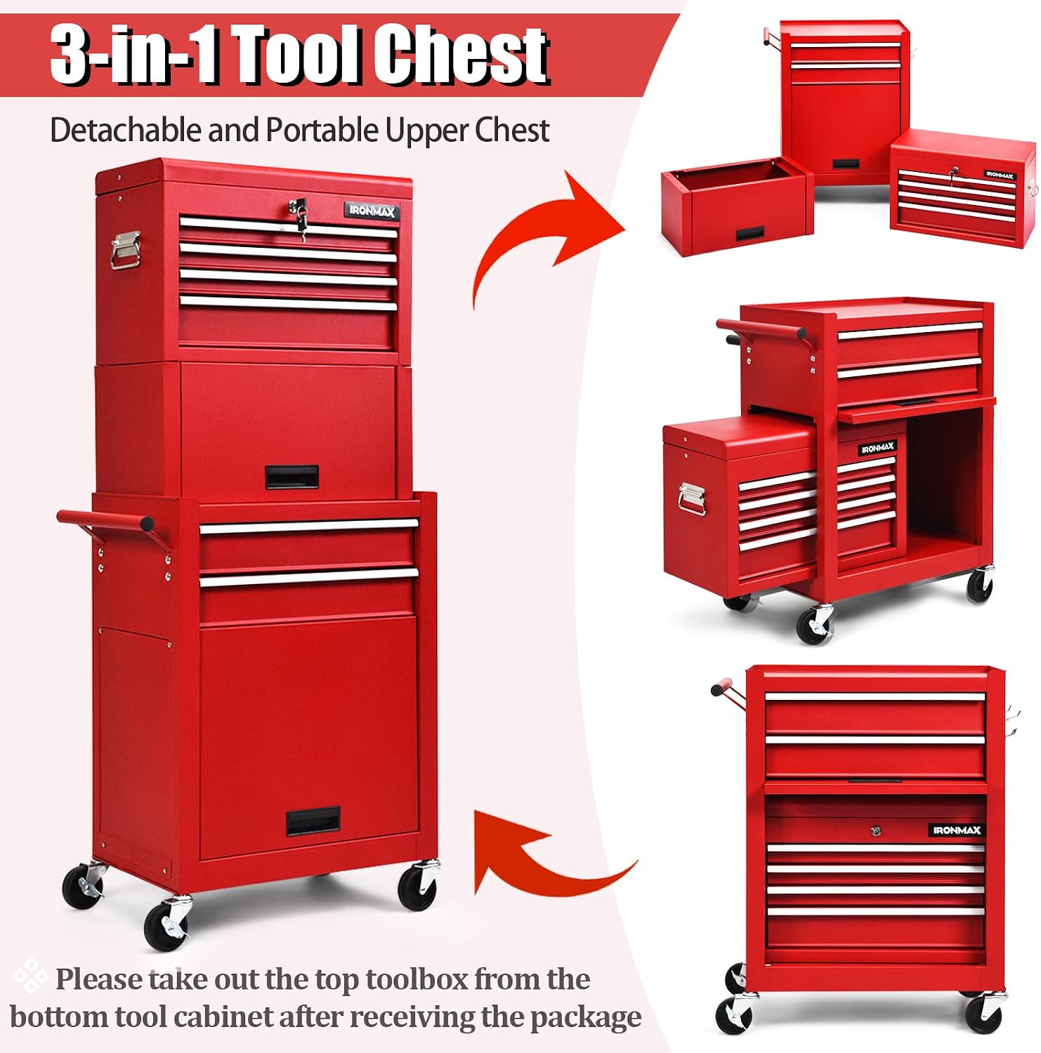 IRONMAX Tool Cabinet on Wheels, 6-Drawer Lockable Rolling Tool Chest w/ 4 Universal Wheels, 2 in 1 Detachable Tool Box Storage Organizer for Garage Workshop Repair Shop, Red