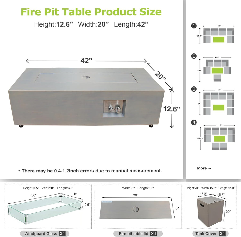 SUNPEAK 42' Modern Fire Pit Table with LED Light 50,000 BTU Deck Fire Pit Table Includes Wind Guard, Lid, Rocks & Cover - Propane Gas Patio Fireplace, Chimenea para Patio (Grey/Golden Light, 42' LED)