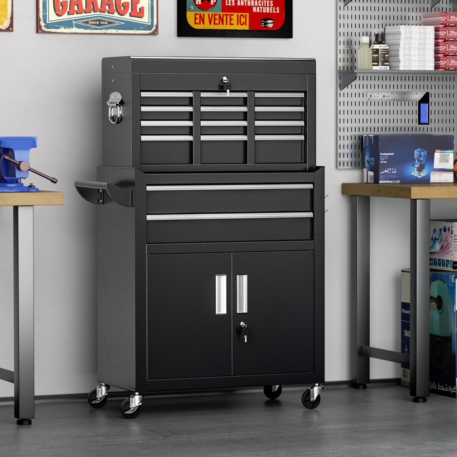 8-Drawer Rolling Tool Chest with Lock, Detachable Tool Cabinet Cart with Wheels, High-Capacity Mechanic Tool Organizer for Garage Workshop Warehouse Storage