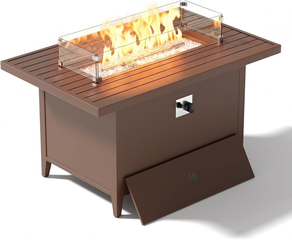 43' Aluminum Propane Fire Pit Table with 55,000 BTU, Rectangle Outdoor Gas Fire Table with Glass Wind Guard, Glass Stones & Waterproof Cover, Patio Fire Table for Backyard, Deck, Garden, Brown